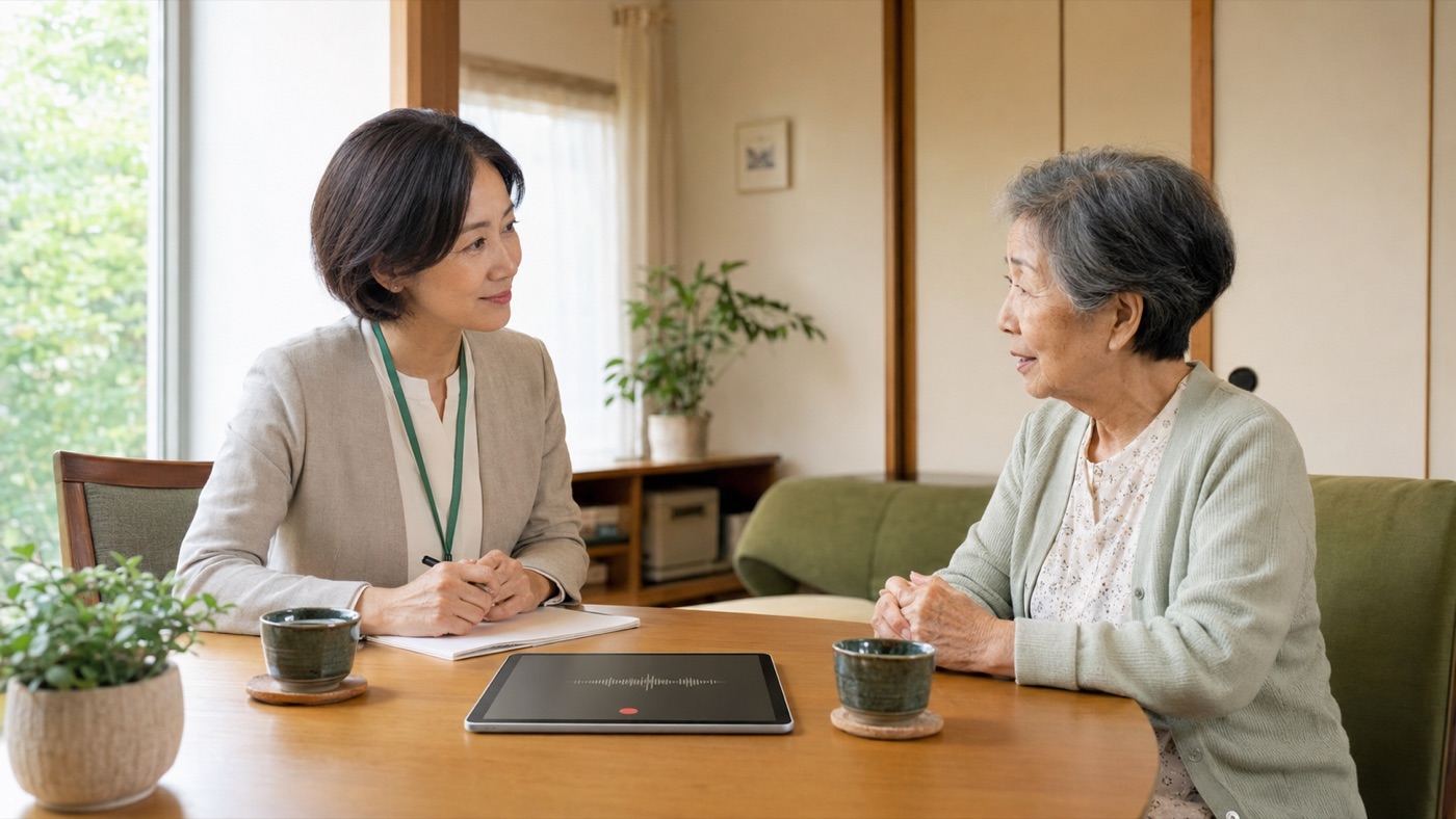 利用者宅の居間で、机の上に置いたタブレットで会話を録音しながら面談している様子