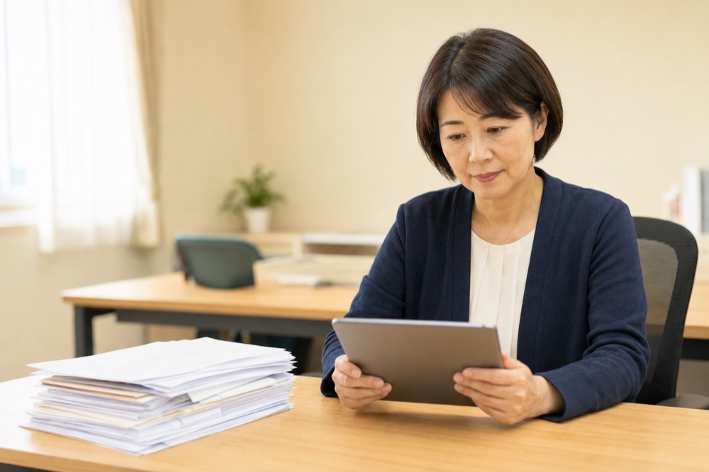 事業所に届いた書類の束とタブレットを並べて確認している様子