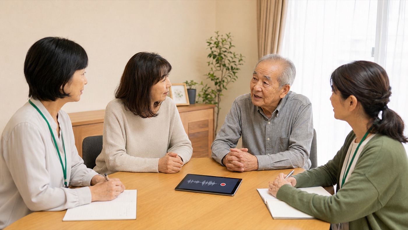 サービス担当者会議で、テーブル中央に置いたタブレットで会話を録音している様子